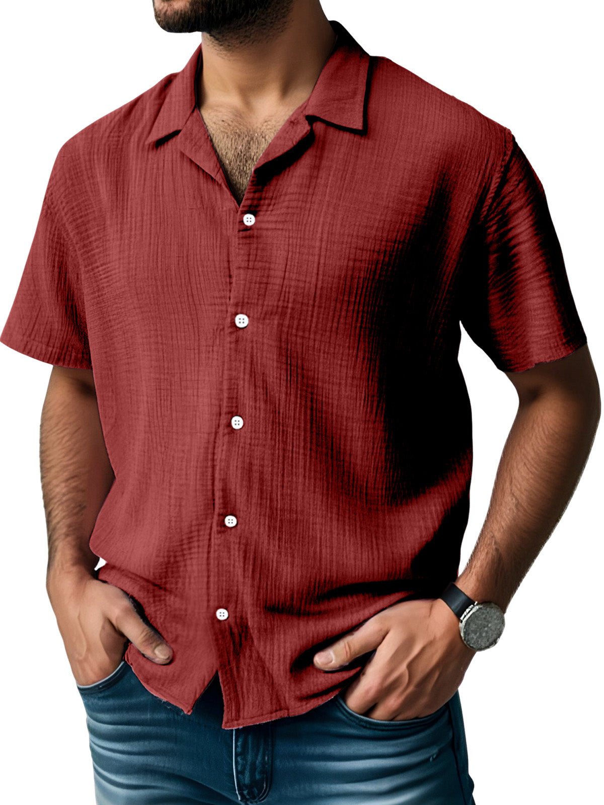Men's Everyday Solid Color Pleated Texture Short-sleeved Shirt