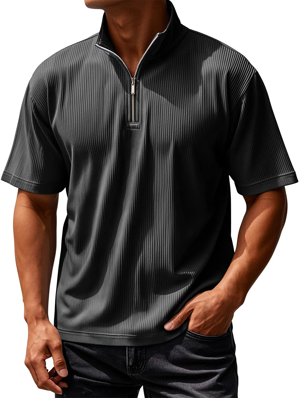 Men's Daily Ribbed Texture Casual Solid Color Short-sleeved T-shirt