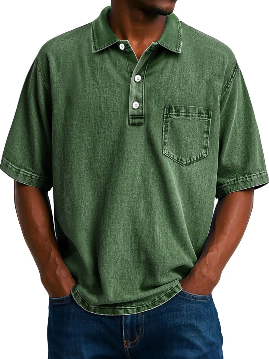 Men's Vintage 100% Cotton Washed Distressed Lapel Pocket Casual Short Sleeve POLO Shirt