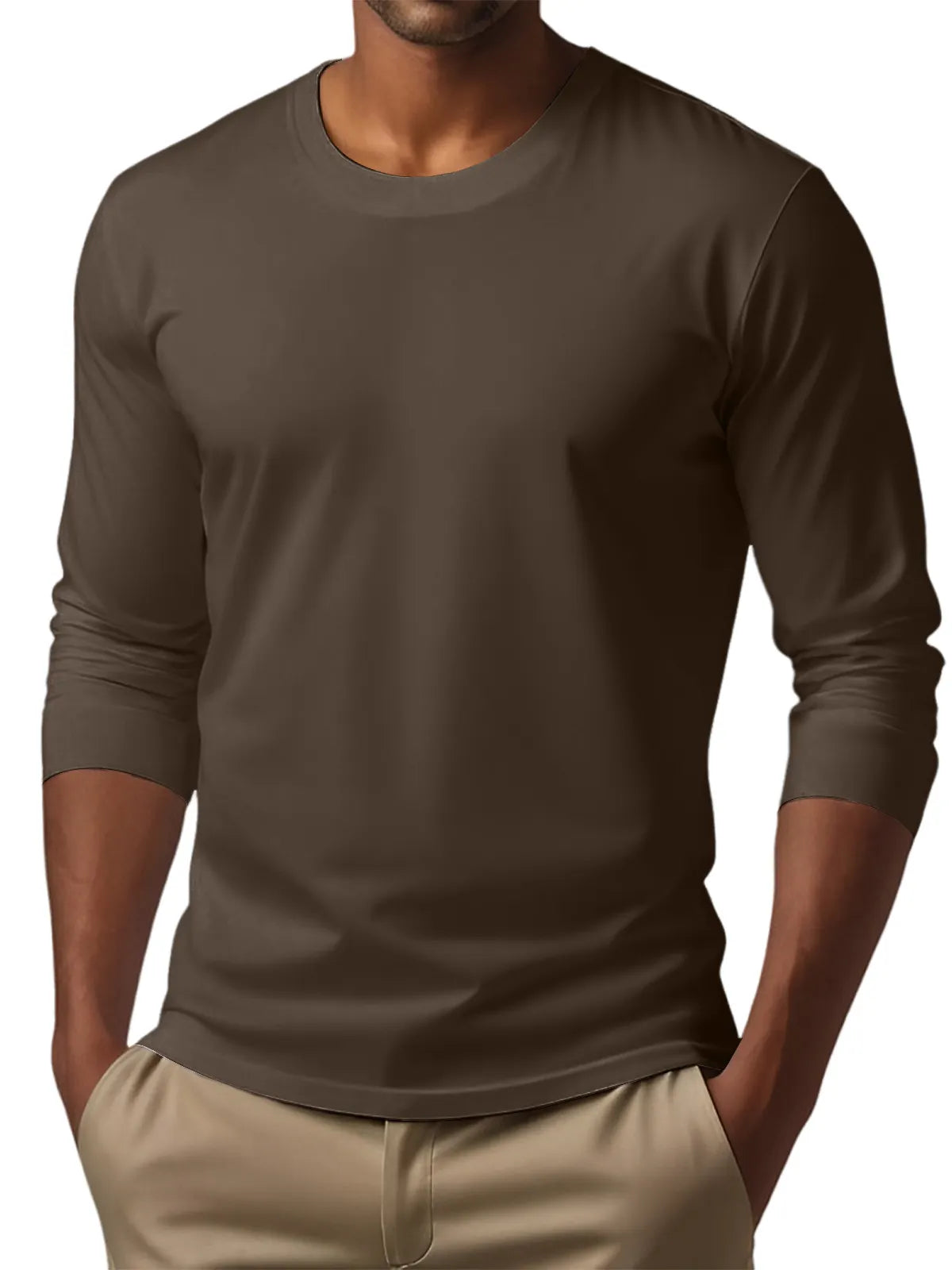 Men's Casual Round Neck Solid Color Comfortable Long Sleeve T-Shirt