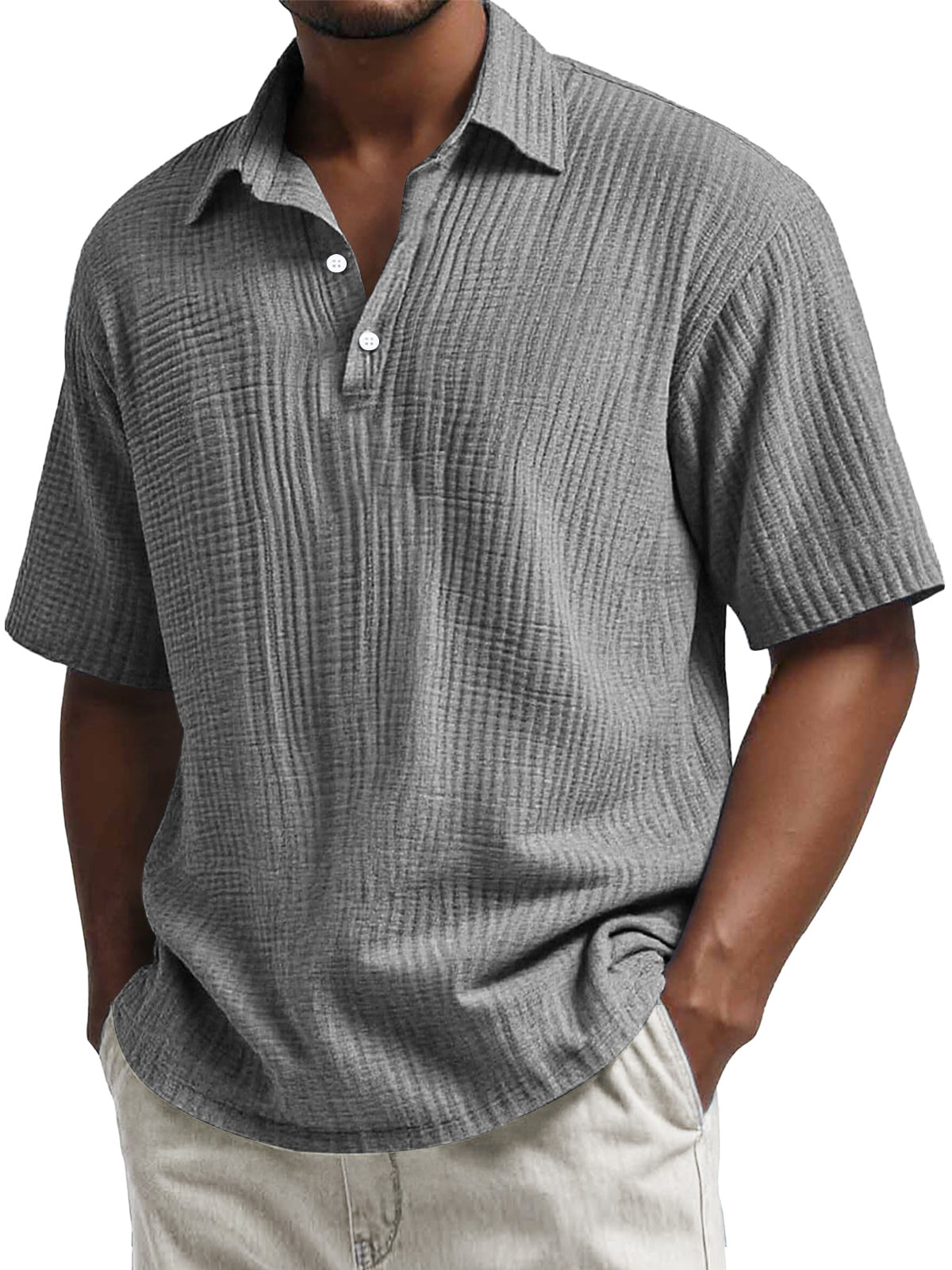 Men's Daily Pleated Texture Lapel Button Casual Short Sleeve POLO Shirt