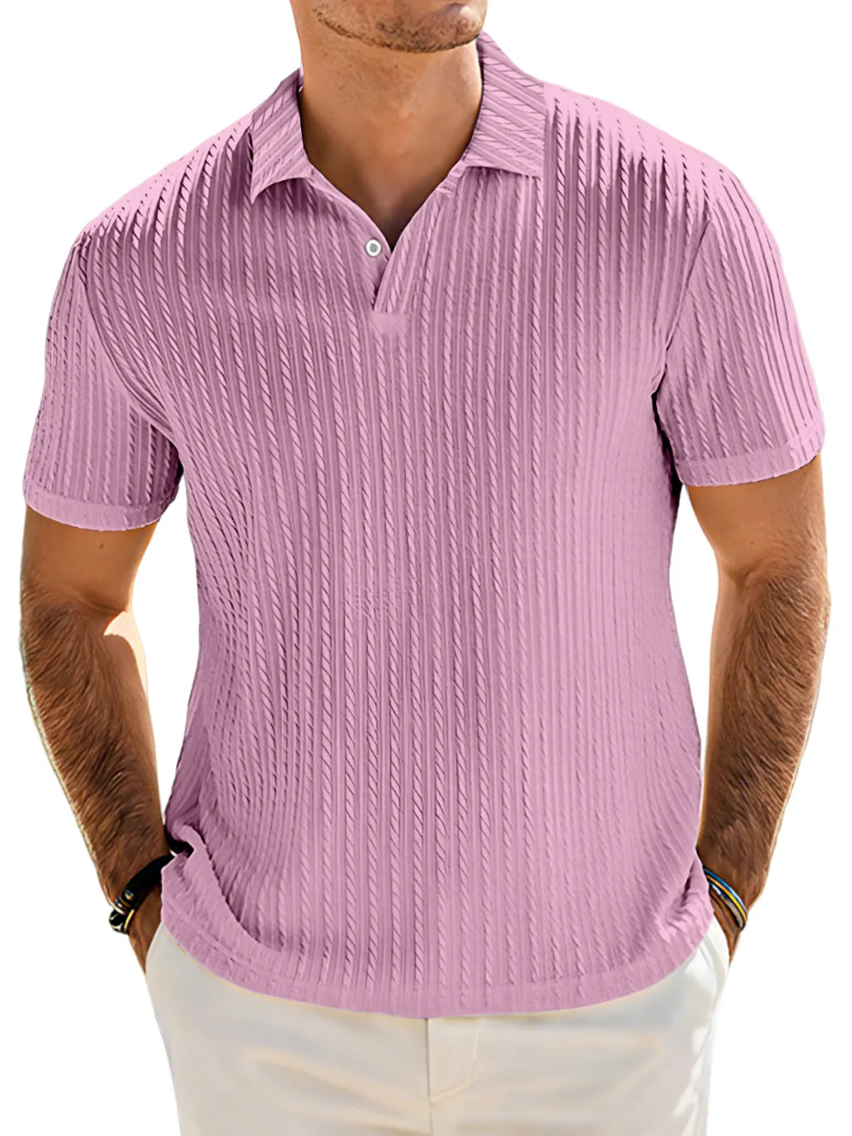 Men's Casual Solid Color Textured Lapel Button Short Sleeve Polo Shirt