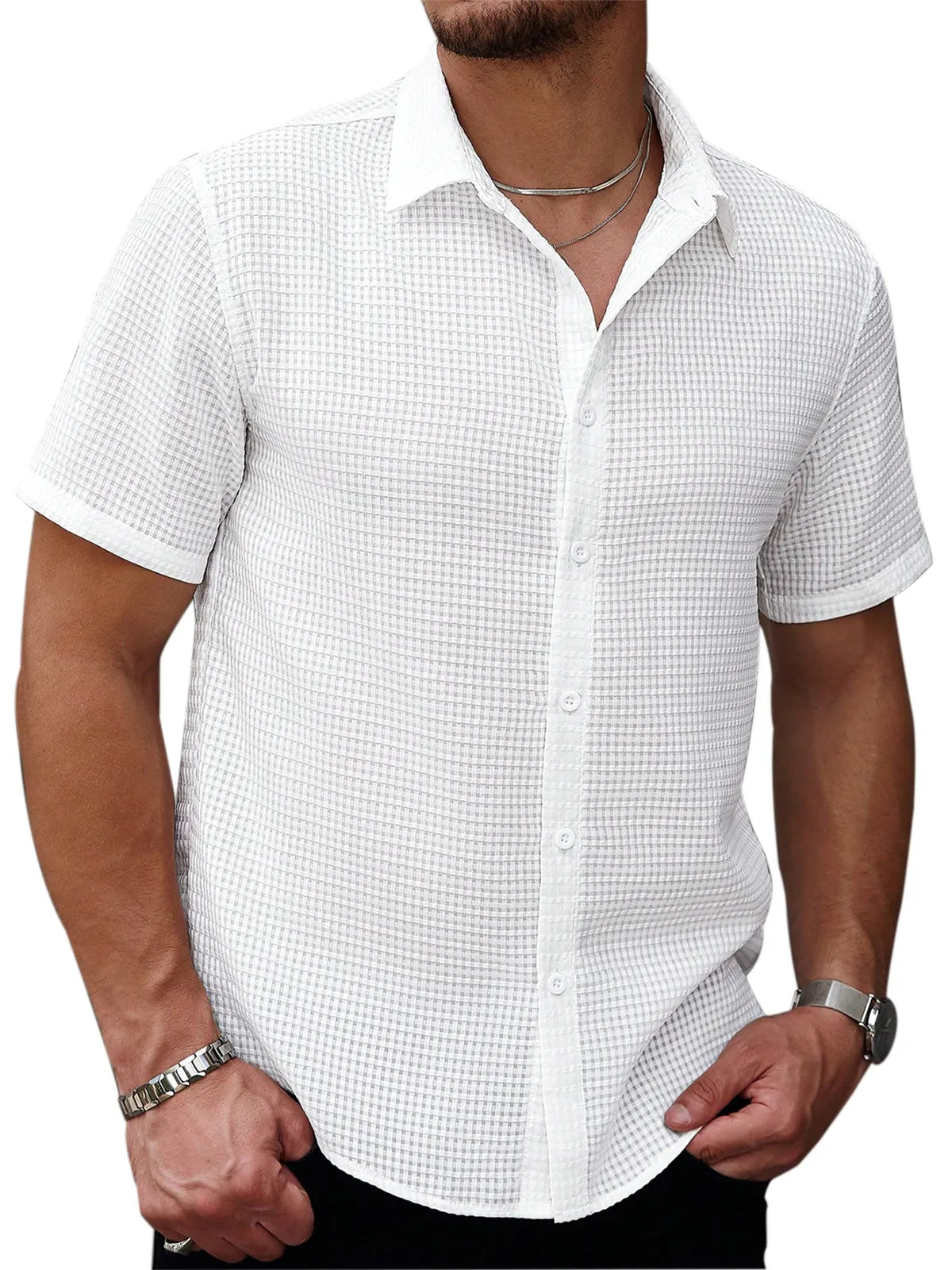 Men's Casual Summer Solid Color Waffle Texture Short-sleeved Button-down Shirt
