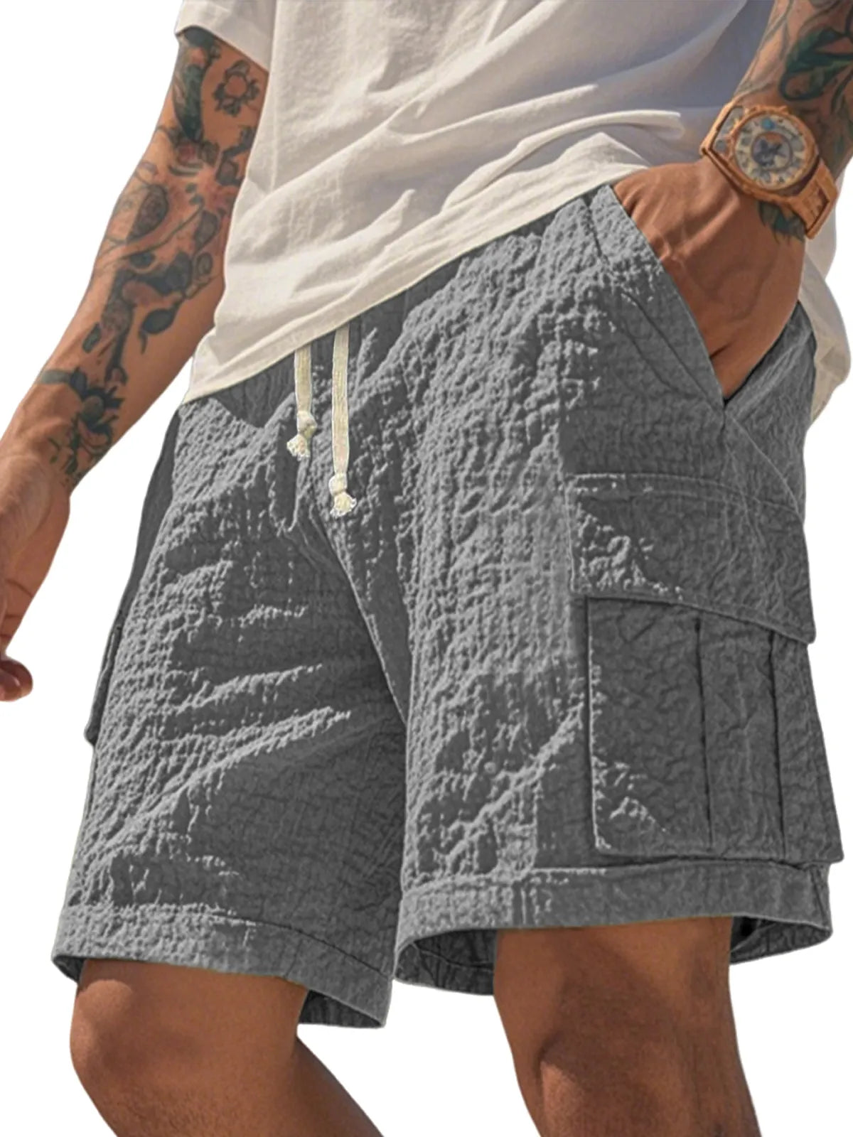 Men's Comfortable Seersucker Pleated Multi-Pocket Cargo Shorts Textured Casual Loose Casual Shorts