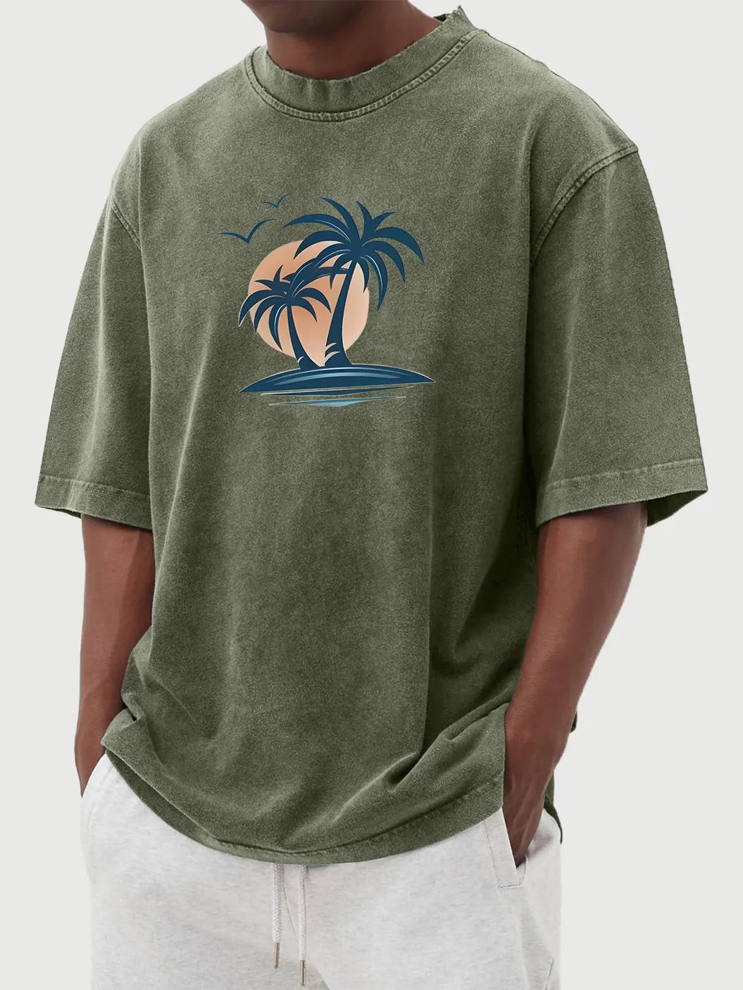 Men's Washed Distressed Cotton Palm Tree Casual Short-sleeved T-shirt