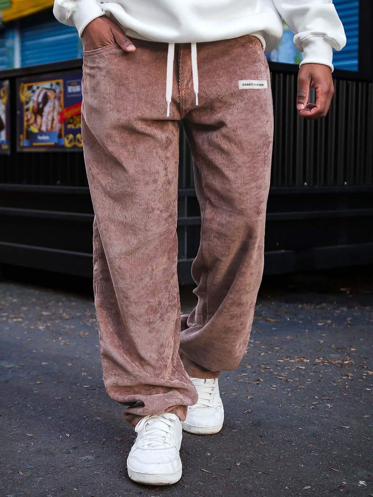 Men's Fashion Daily Corduroy Ribbed Fabric Embroidered Logo Elastic Waist Trousers