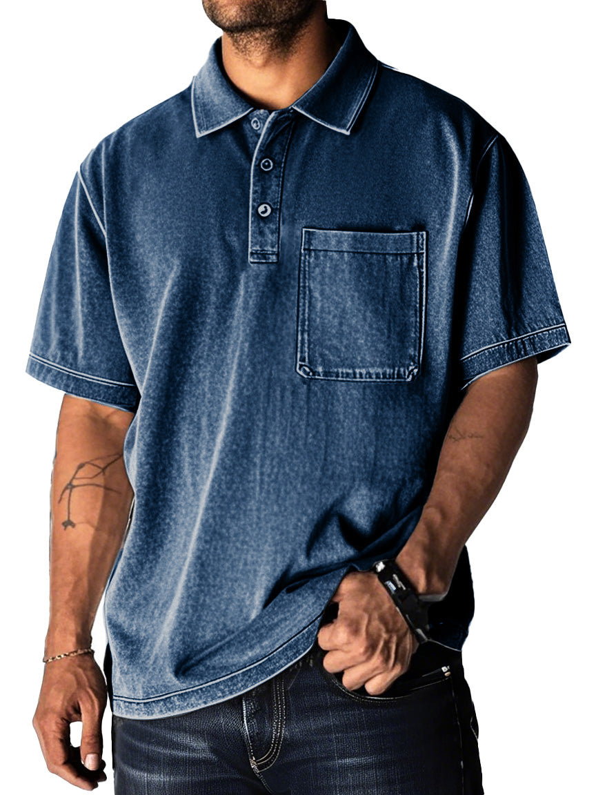 Men's Fashion Retro Distressed Pocket Short Sleeve Lapel Polo Shirt