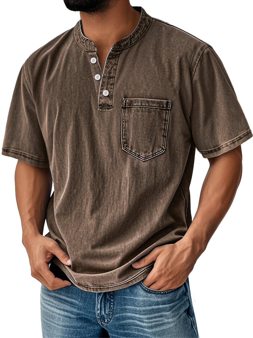 Men's Retro Stand Collar Casual Pocket Solid Color Short Sleeve Henley Shirt