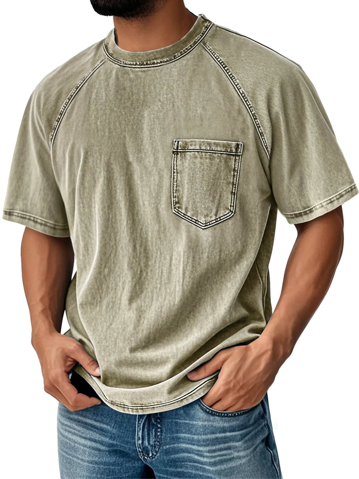 Men's Retro Round Neck Raglan Sleeve Casual Pocket Short Sleeve T-Shirt