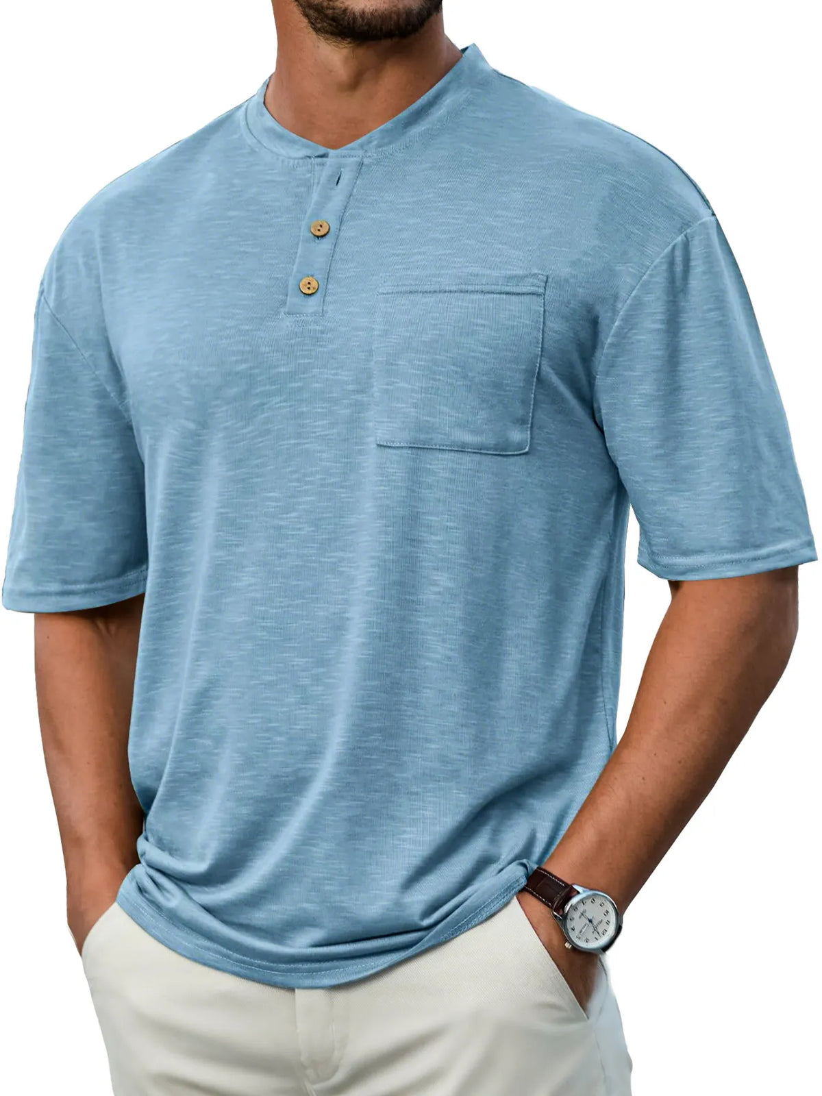 Men's Everyday Casual Stand Collar Pocket Comfort Short Sleeve Henley Shirt