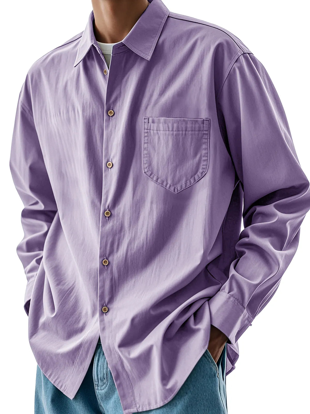 Men's Fashion Casual Pleated Fabric Pocket Lapel Long-sleeved Shirt