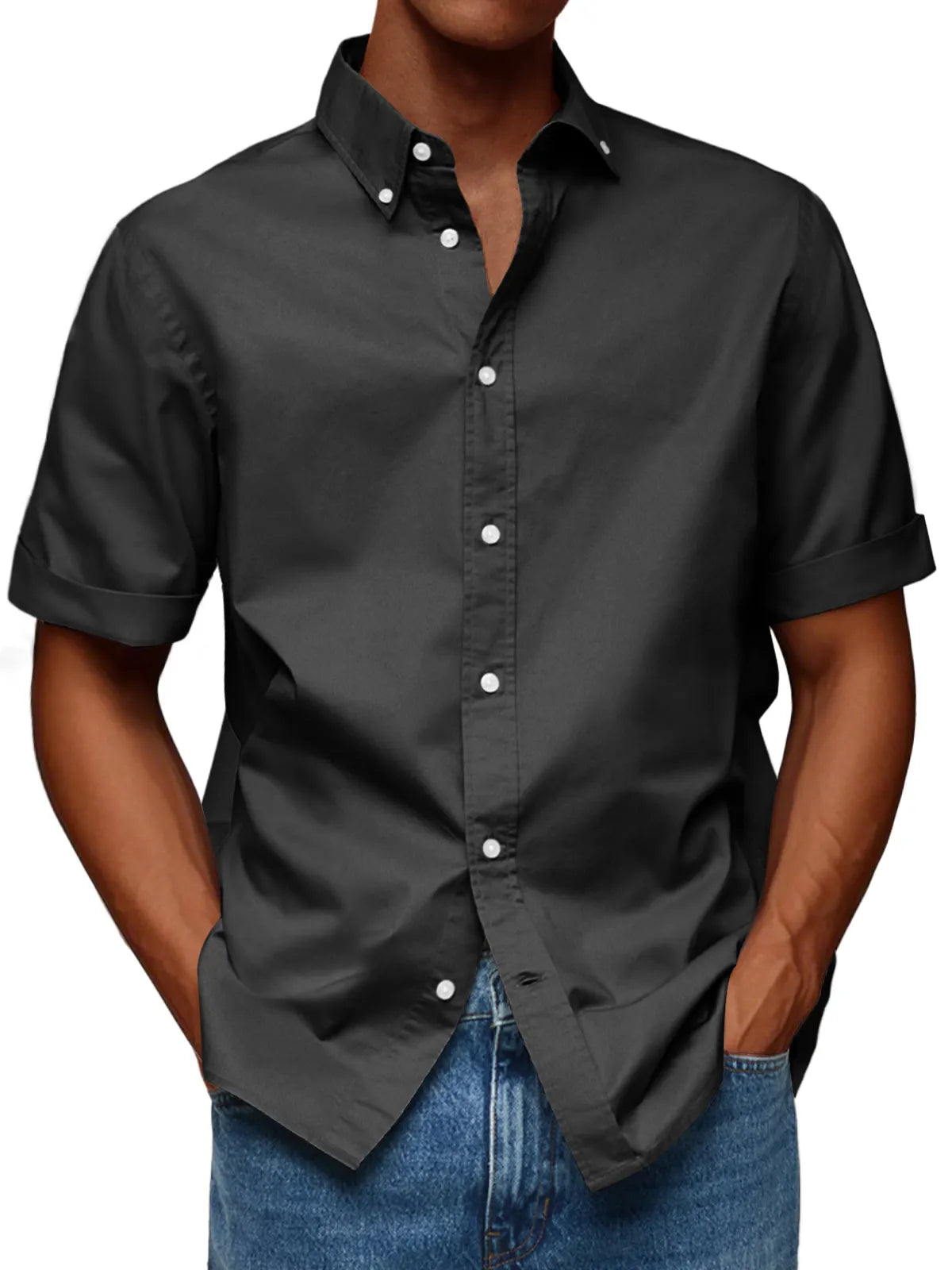 Men's Fashion Casual Lapel Solid Color Comfortable Short Sleeve Shirt