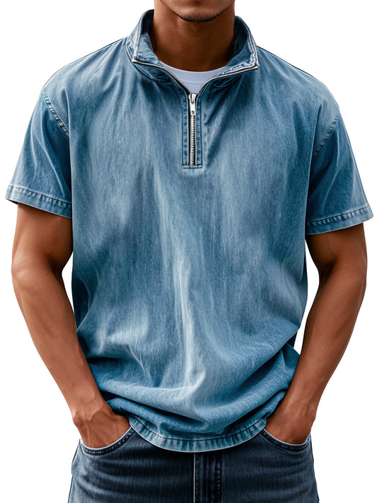 Men's Retro Everyday Stand Collar Zipper Solid Color Short Sleeve Shirt