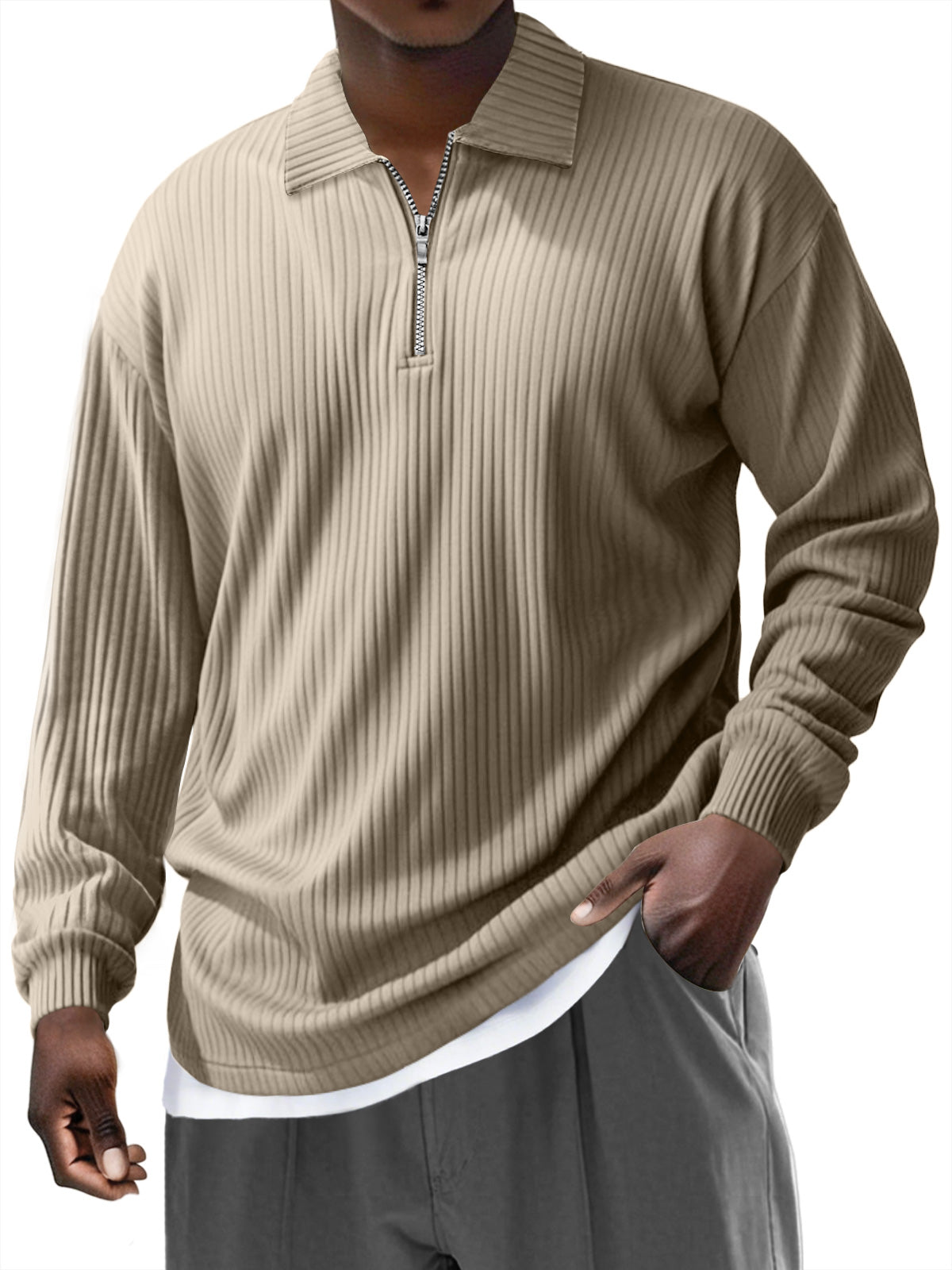 Men's Pit Zipper Lapel Solid Color Long-sleeved Polo Shirt