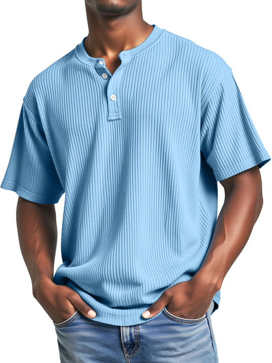Men's Casual Solid Color Simple Pitted Texture Short-sleeved Henley Shirt