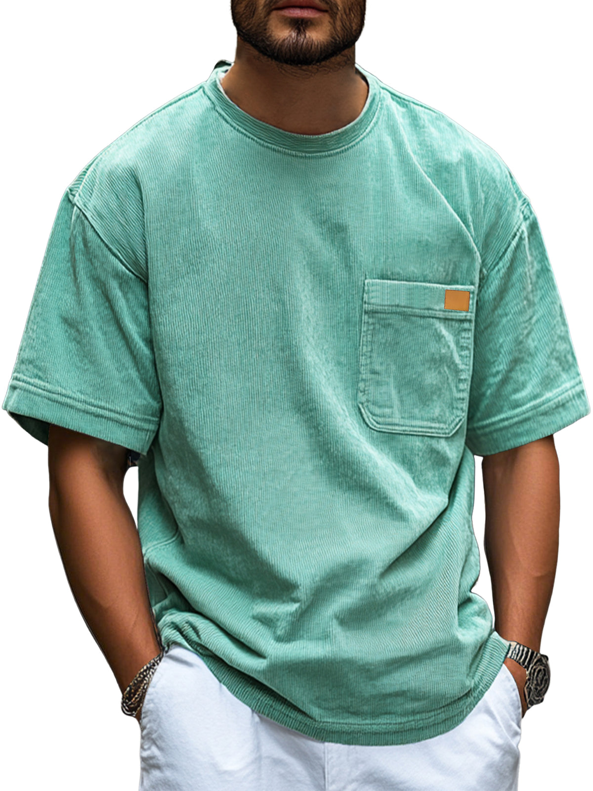 Men's Fashion Retro Corduroy Simple Embroidered Logo Pocket Casual Short-sleeved T-shirt