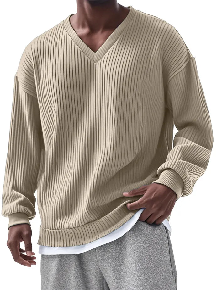 Men's Everyday Loose V-neck Vertical Long-sleeved T-shirt