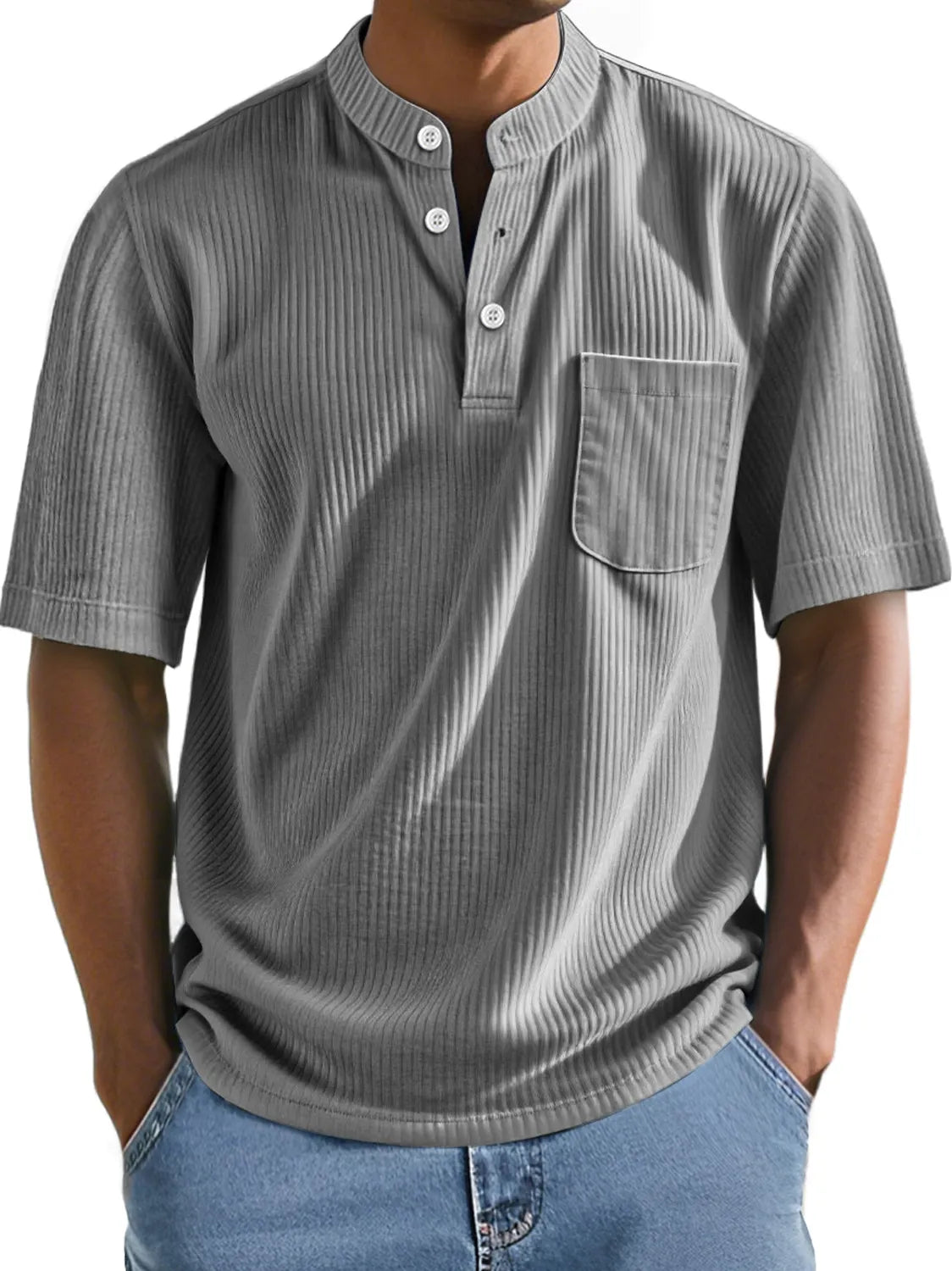 Men's Everyday Stand Collar Ribbed Pocket Comfort Short Sleeve Henley Shirt
