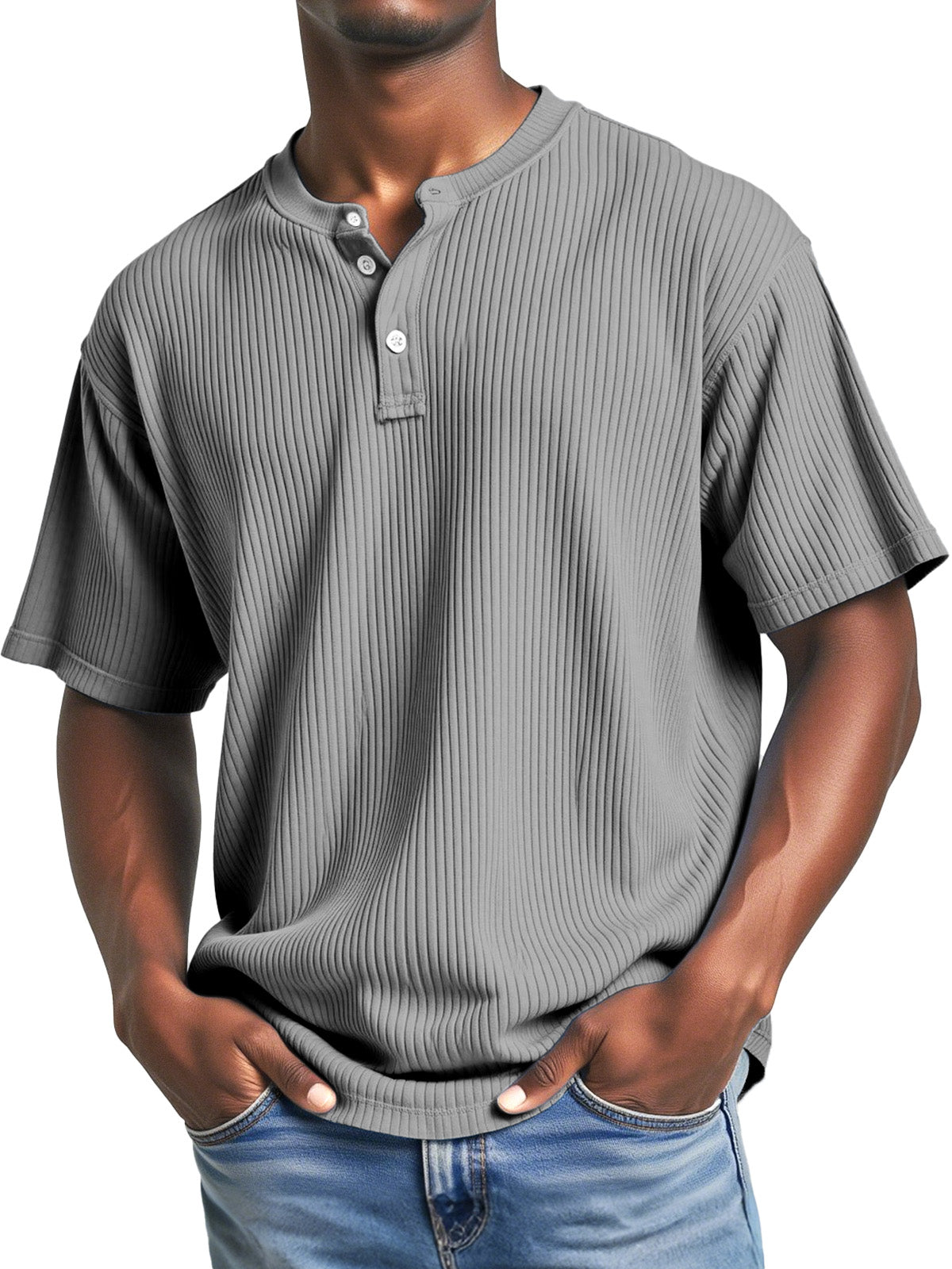 Men's Casual Solid Color Simple Pitted Texture Short-sleeved Henley Shirt