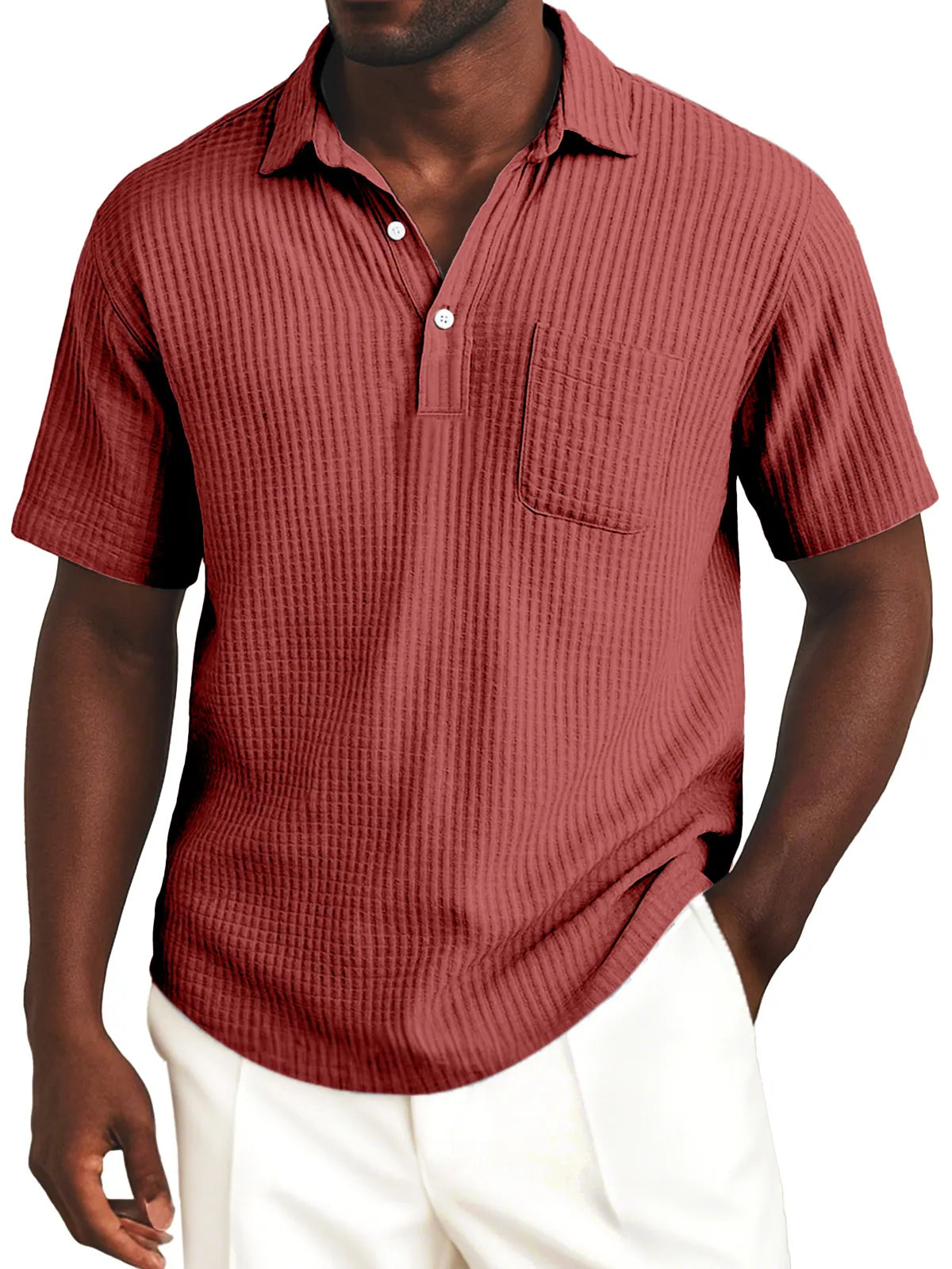 Men's Simple Everyday Solid Color Waffle Lapel Button-up Polo Shirt