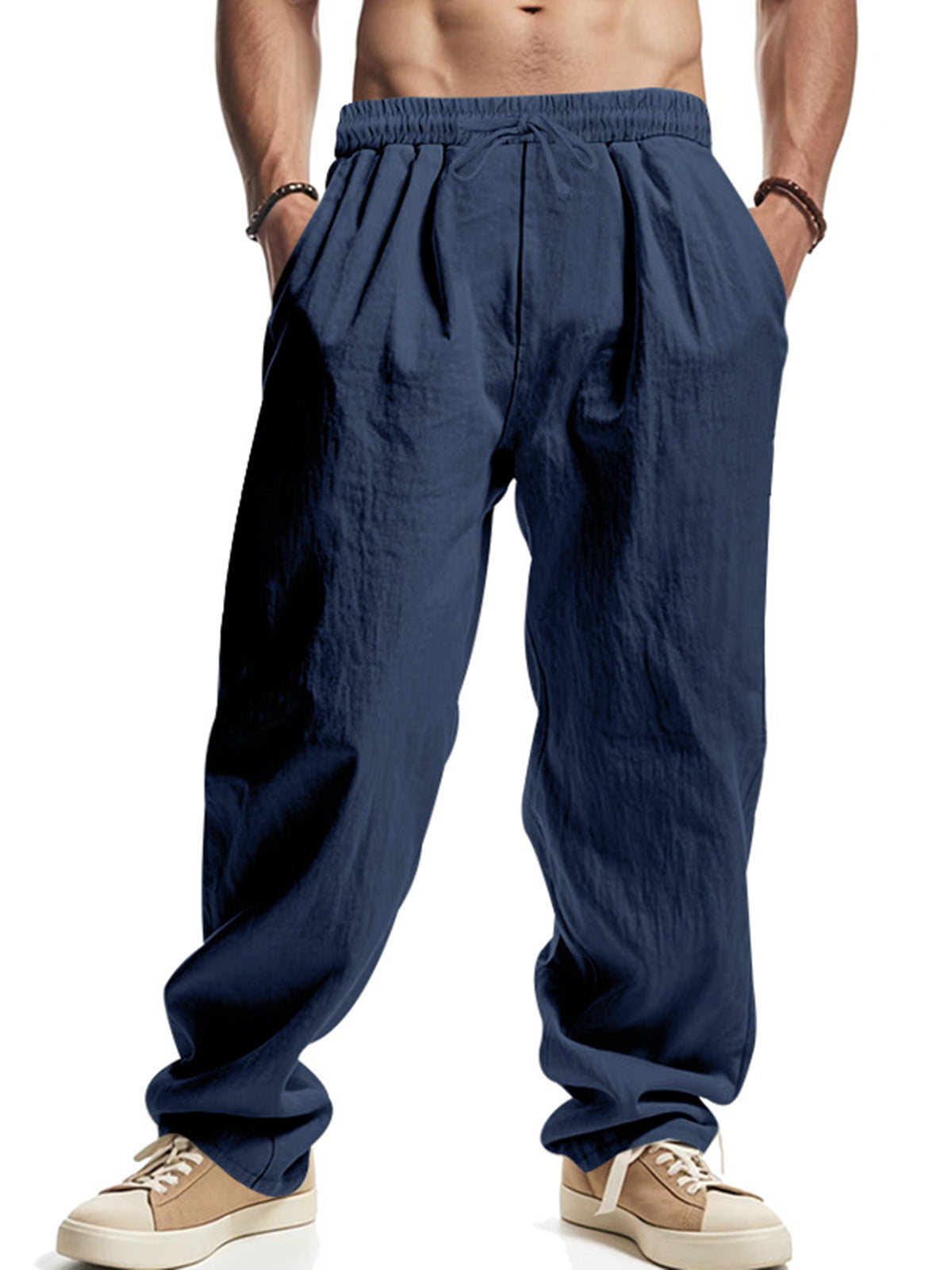 Men's Daily Casual Loose Linen Drawstring Solid Color Trousers