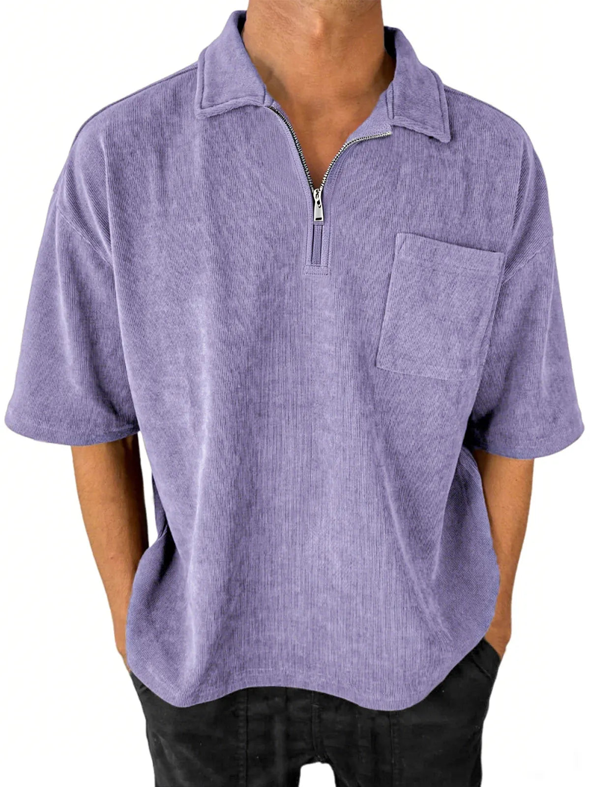 Men's Stylish Ribbed Quarter-Zip Lapel Corduroy Casual POLO Shirt With Chest Pocket