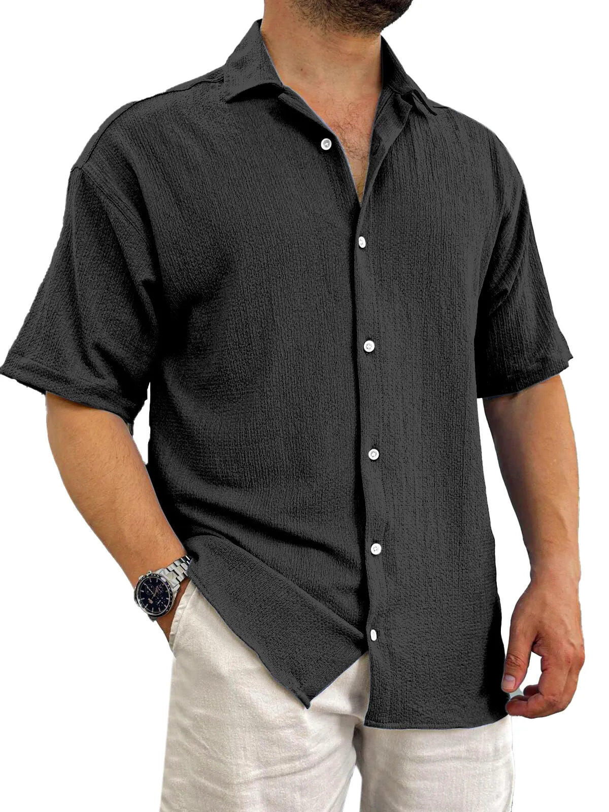 Men's Casual Daily Solid Color Texture Solid Color Short-sleeved Shirt