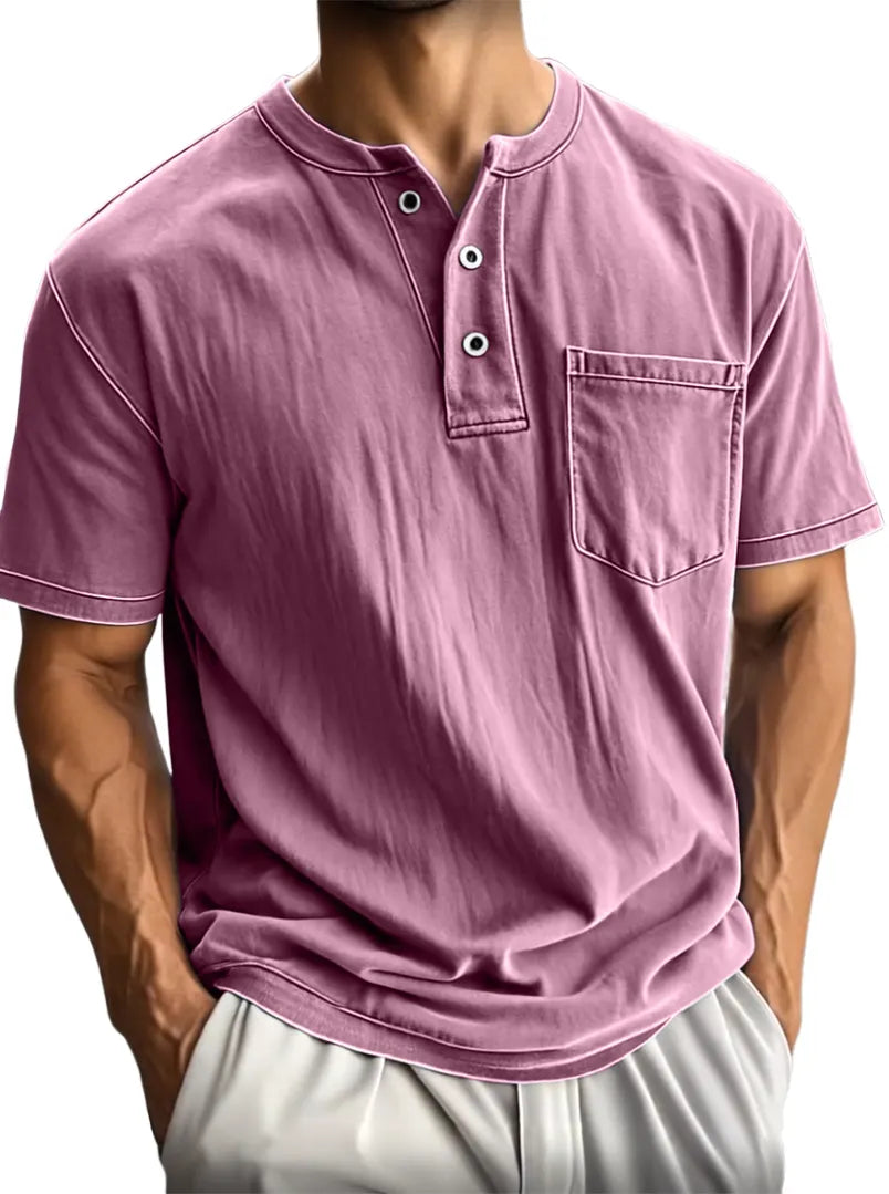 Men's Washed And Distressed Cotton Vintage Henley Collar Short-sleeved T-shirt