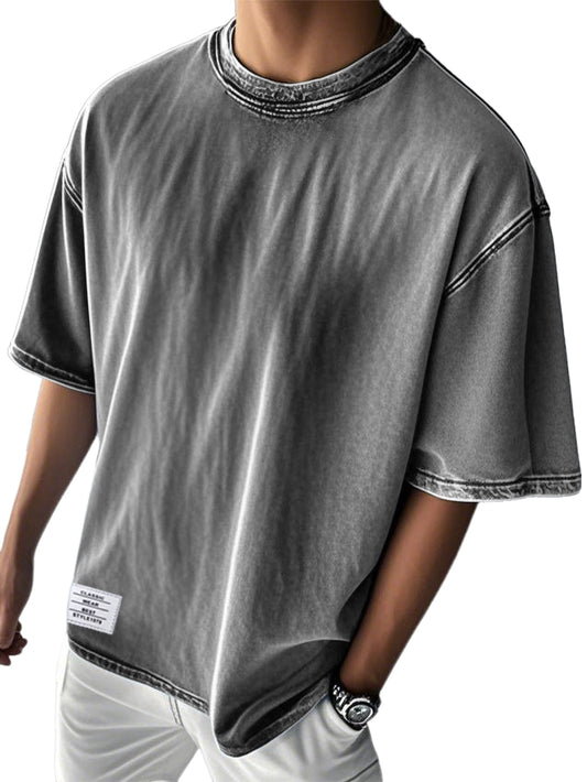Men's Stylish Washed Distressed Cotton Logo Casual Short Sleeve T-shirt