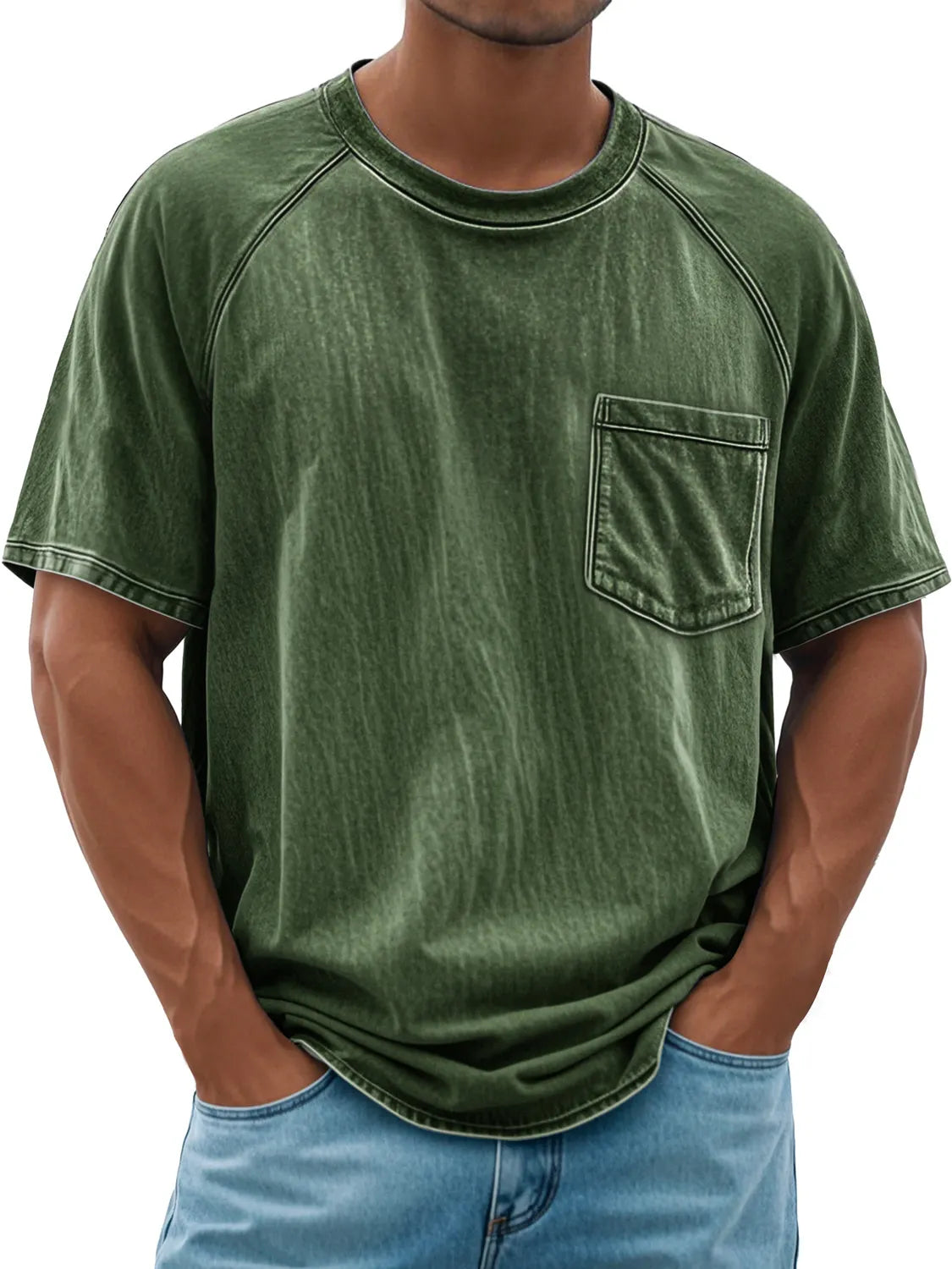 Men's Retro Round Neck Raglan Pocket Casual Short Sleeve T-Shirt
