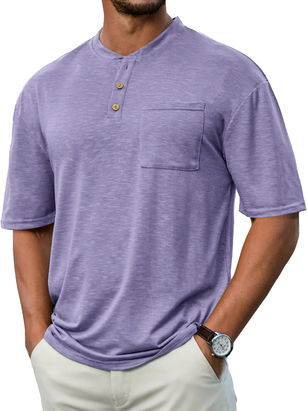Men's Everyday Casual Stand Collar Pocket Comfort Short Sleeve Henley Shirt
