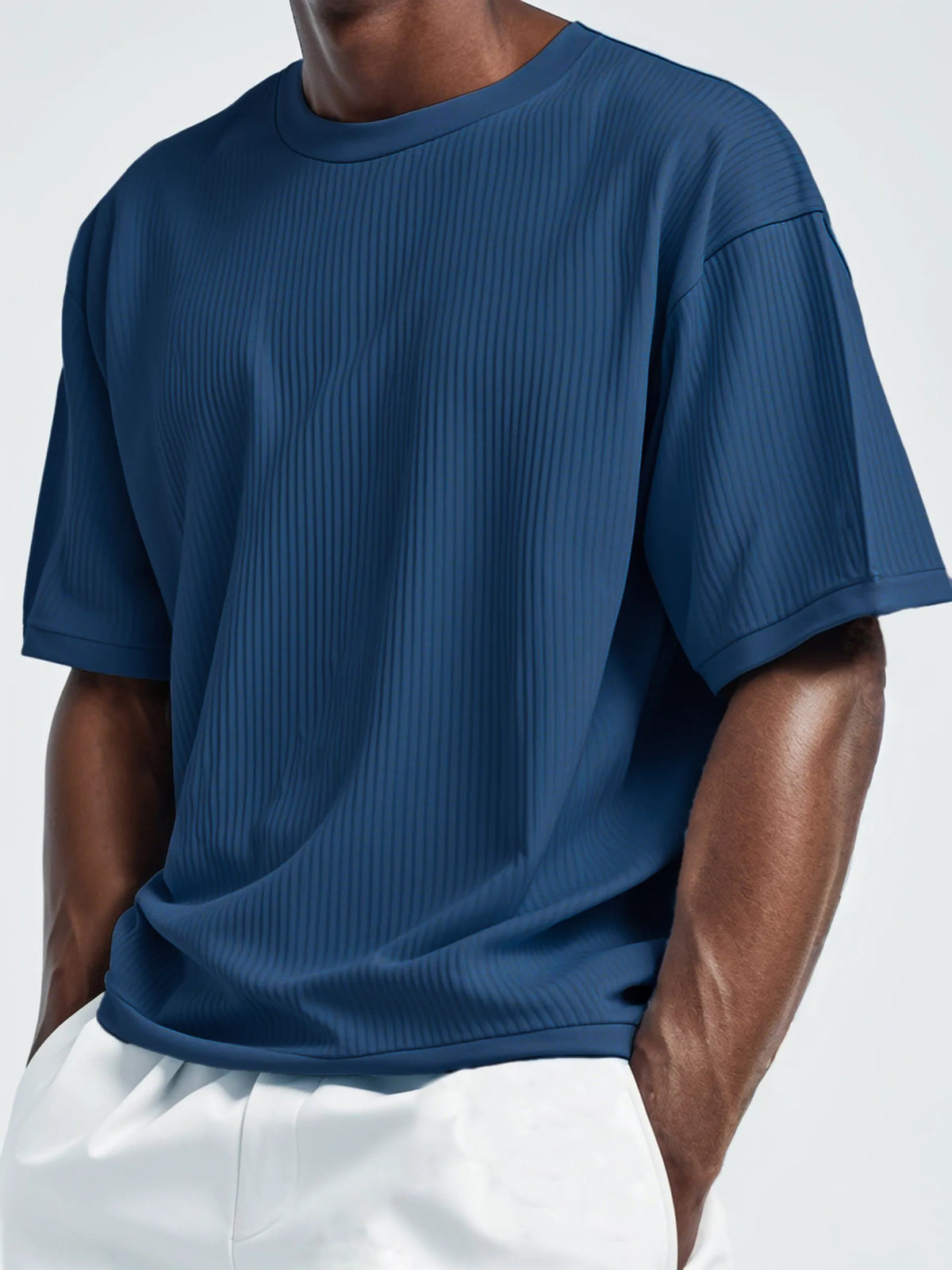 Men's Pleated Vertical Striped Fabric Casual Short Sleeve T-shirt
