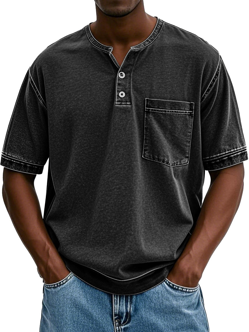 Men's Fashion Vintage Washed Pocket Short Sleeve Henley Shirt