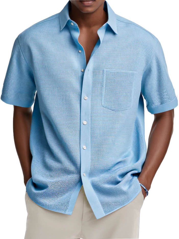 Men's Fashion Casual Retro Waffle Fabric Pocket Short-sleeved Shirt