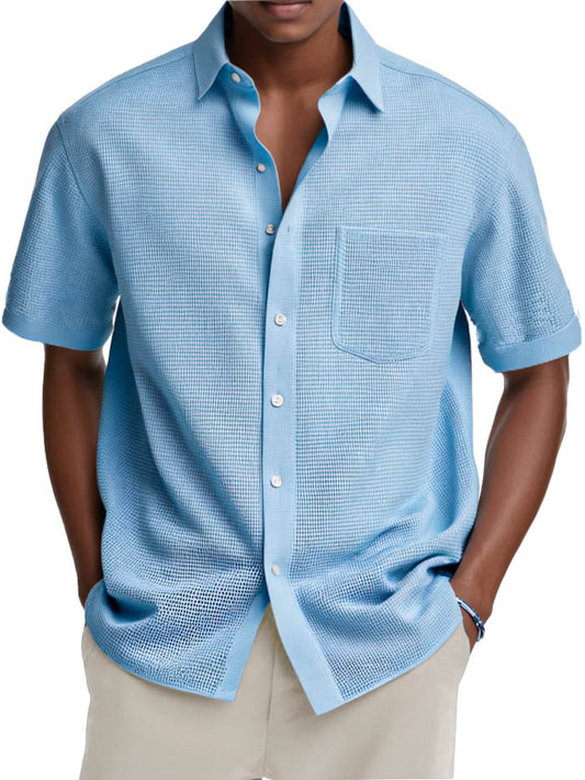 Men's Fashion Casual Retro Waffle Fabric Pocket Short-sleeved Shirt