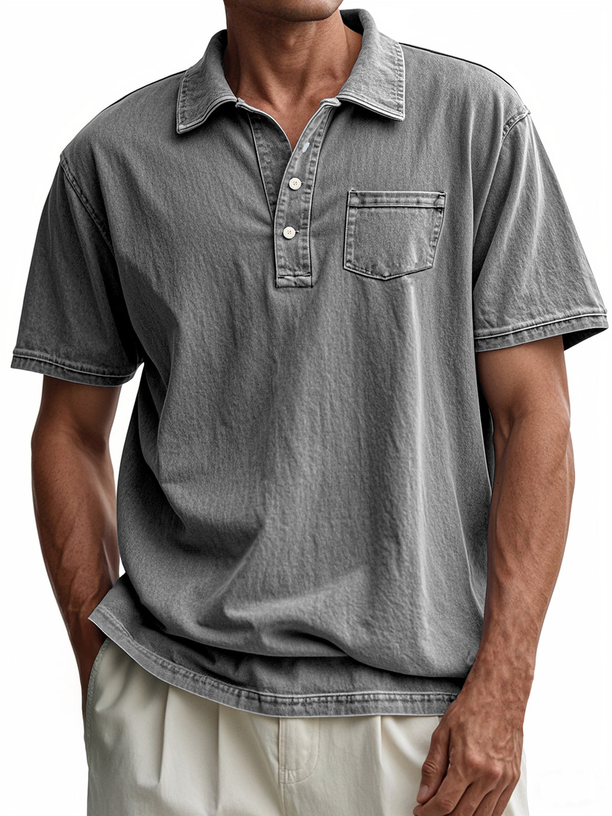 Men's Vintage Distressed Button-Down Short Sleeve POLO Shirt With Chest Pocket