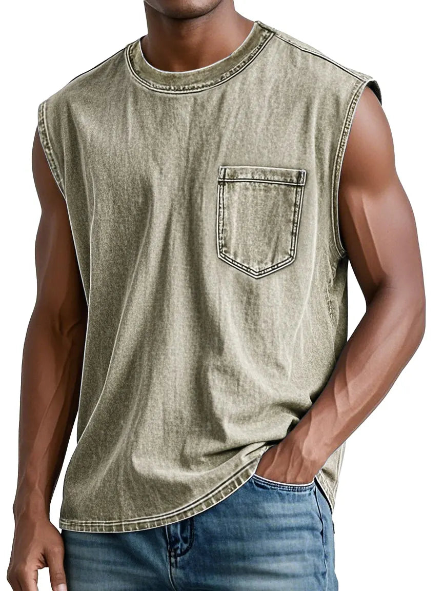 Men's Retro Washed Cotton Casual Round Neck Pocket Fashion Sleeveless Vest