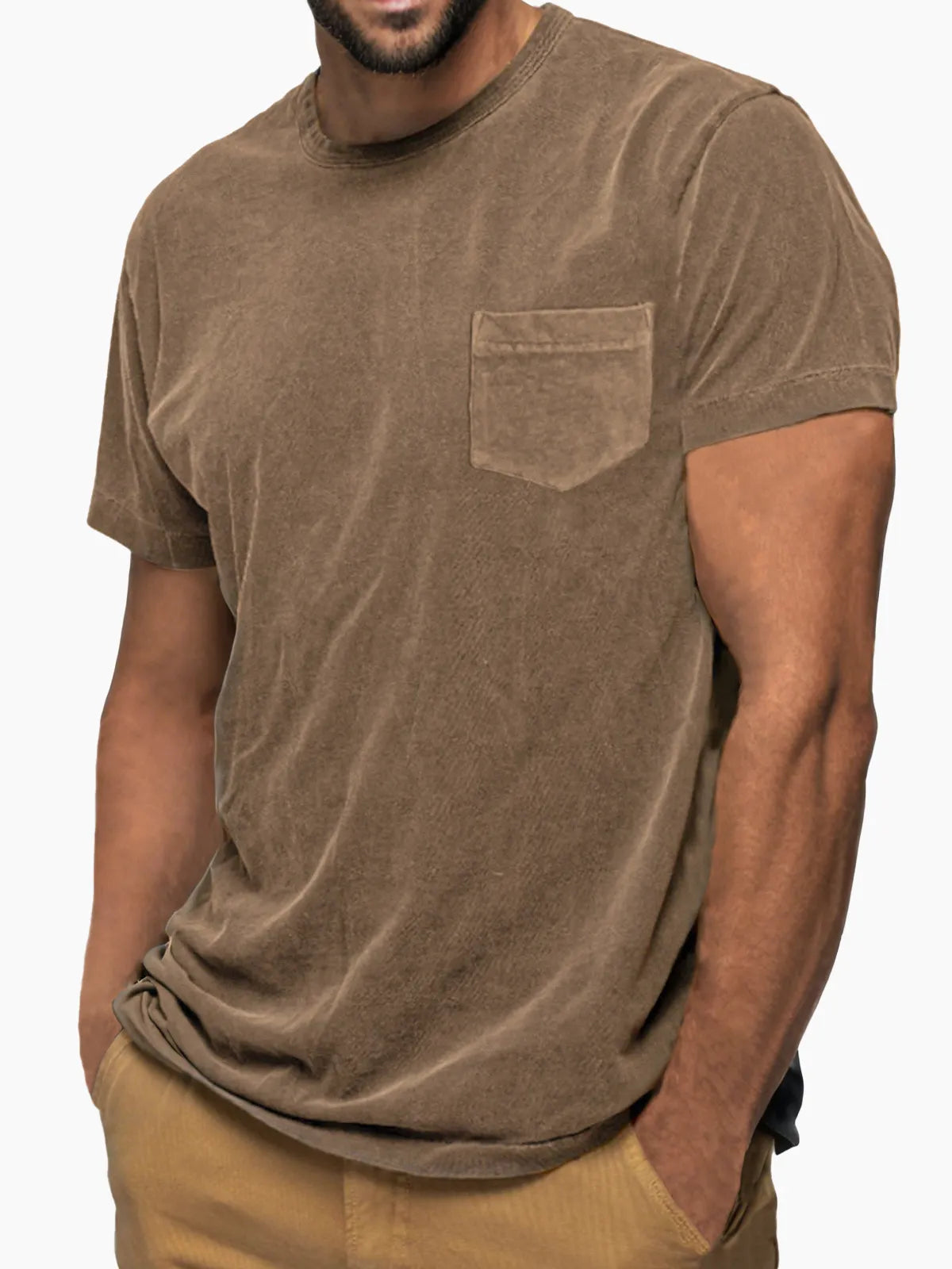 Men's Vintage Distressed Soft Cotton Short Sleeve Basic T-Shirt with Chest Pocket