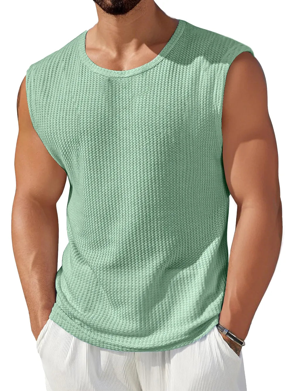 Men's Daily Waffle Round Neck Casual Solid Color Sleeveless Vest