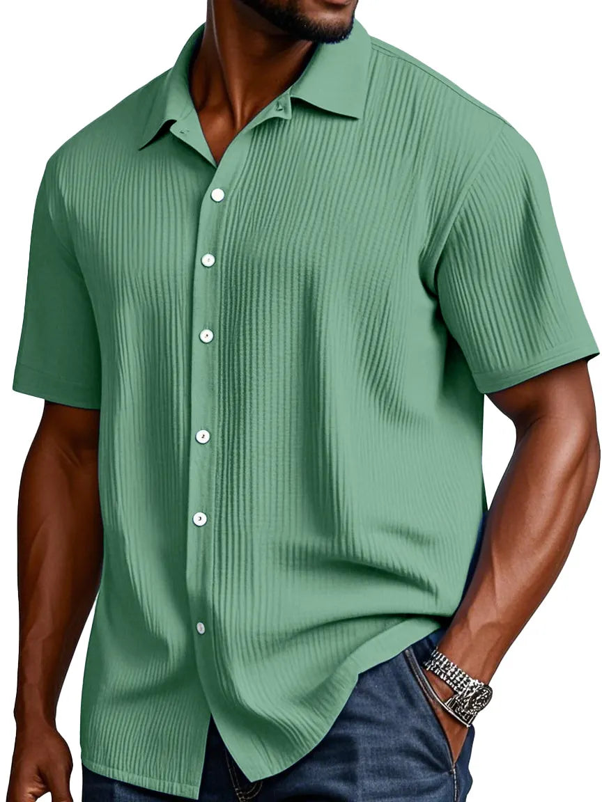 Men's Comfortable Solid Color Texture Short Sleeve Button Shirt