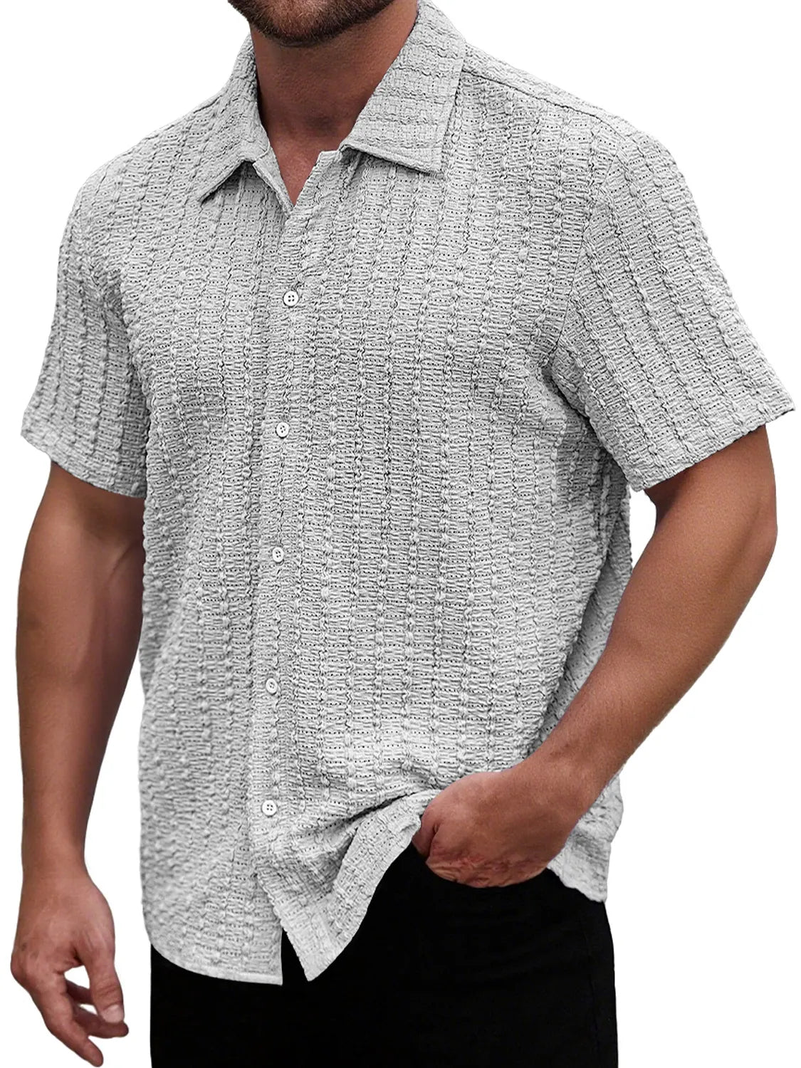 Men's Casual Textured Lapel Solid Color Short-sleeved Shirt
