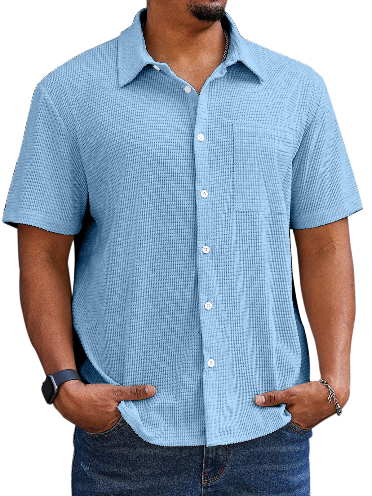 Men's Casual Simple Comfortable Waffle Short Sleeve Shirt