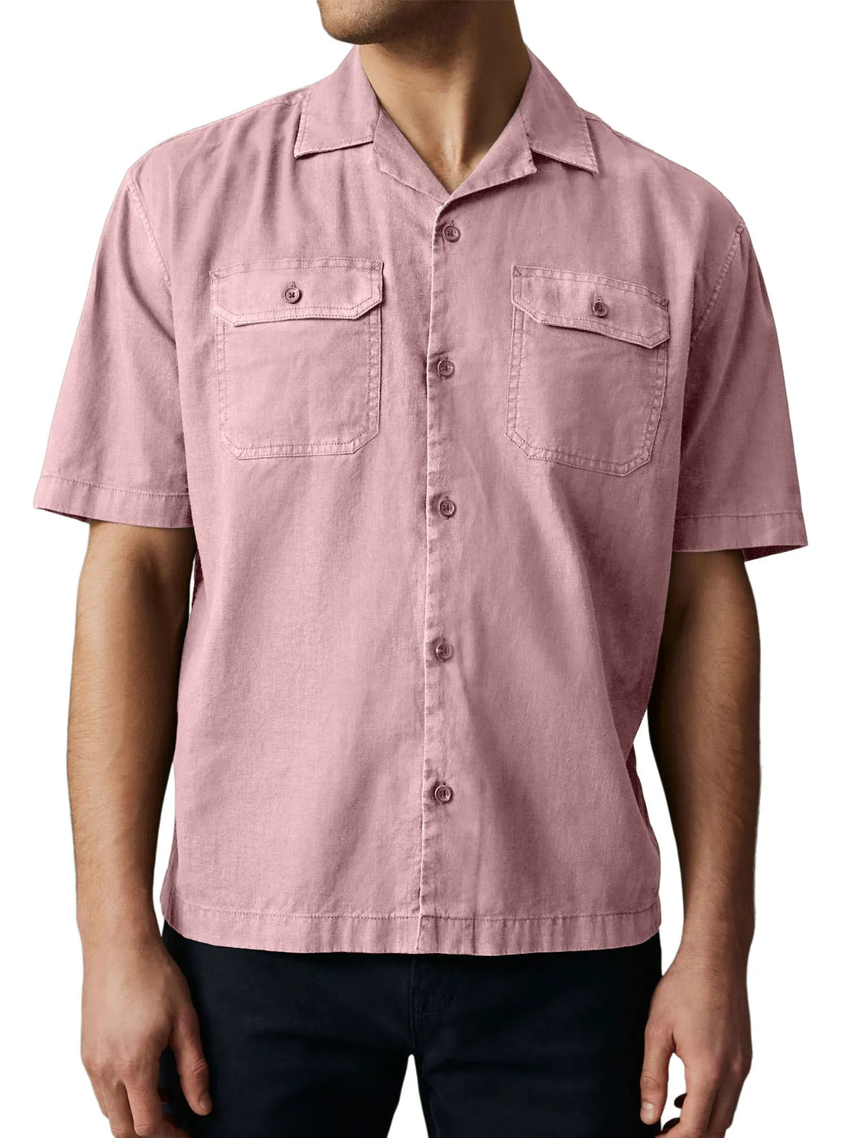 Men's Retro Cotton And Linen Double Pocket Workwear Short-sleeved Shirt