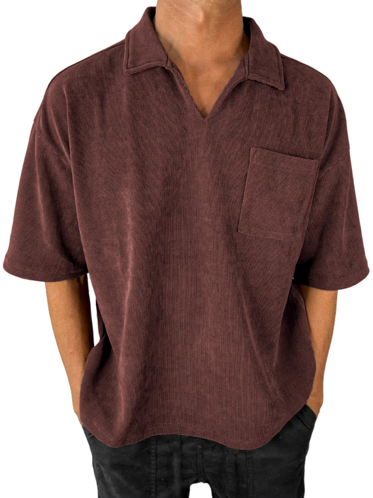 Men's Stylish V-Neck Ribbed Corduroy Casual POLO Shirt With Chest Pocket