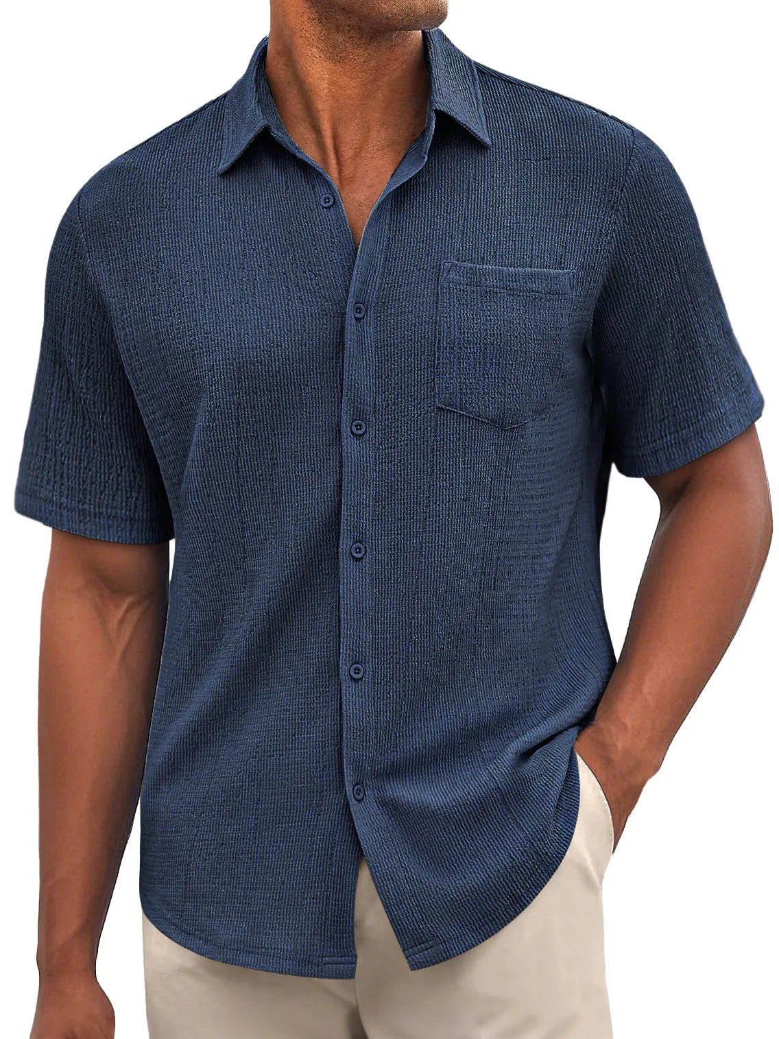 Men's Daily Bubble Wrinkle Casual Pocket Solid Color Short Sleeve Shirt