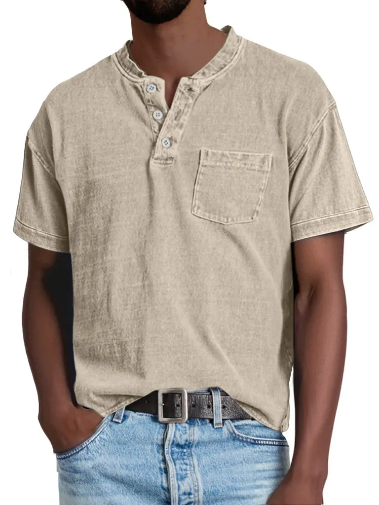 Men's Retro Casual Solid Color Pocket Short Sleeve Henley Shirt