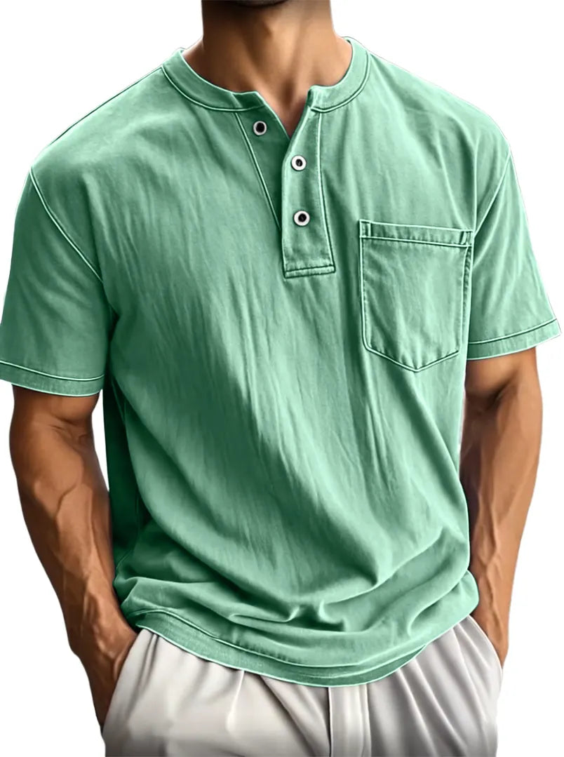 Men's Washed And Distressed Cotton Vintage Henley Collar Short-sleeved T-shirt