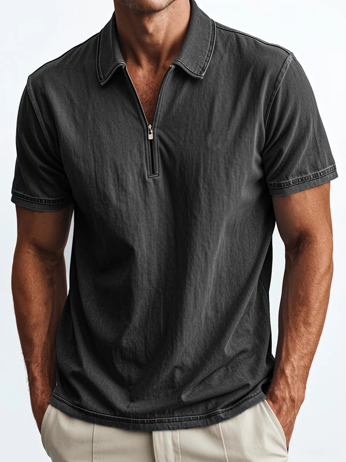 Men's Retro Quarter Zip Collar Casual Fit Polo Shirt
