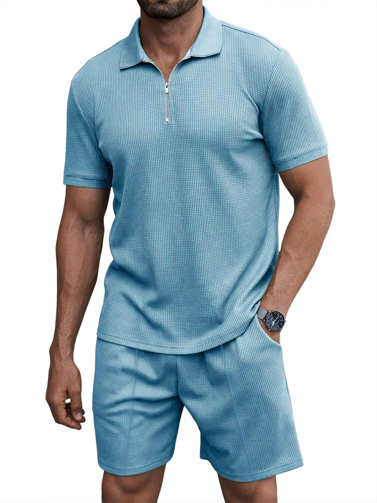 Men's Casual Waffle Zipper Short Sleeve Polo Suit