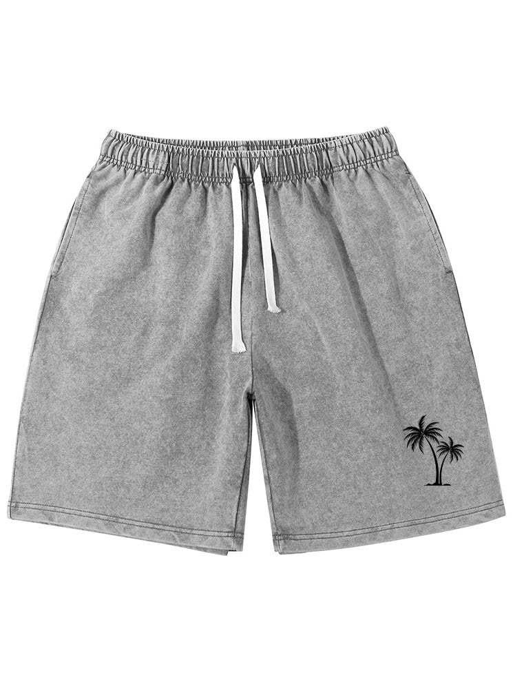Men's Cotton Washed Water Distressed Wax Printed Pockets Palm Tree Printed Daily Shorts